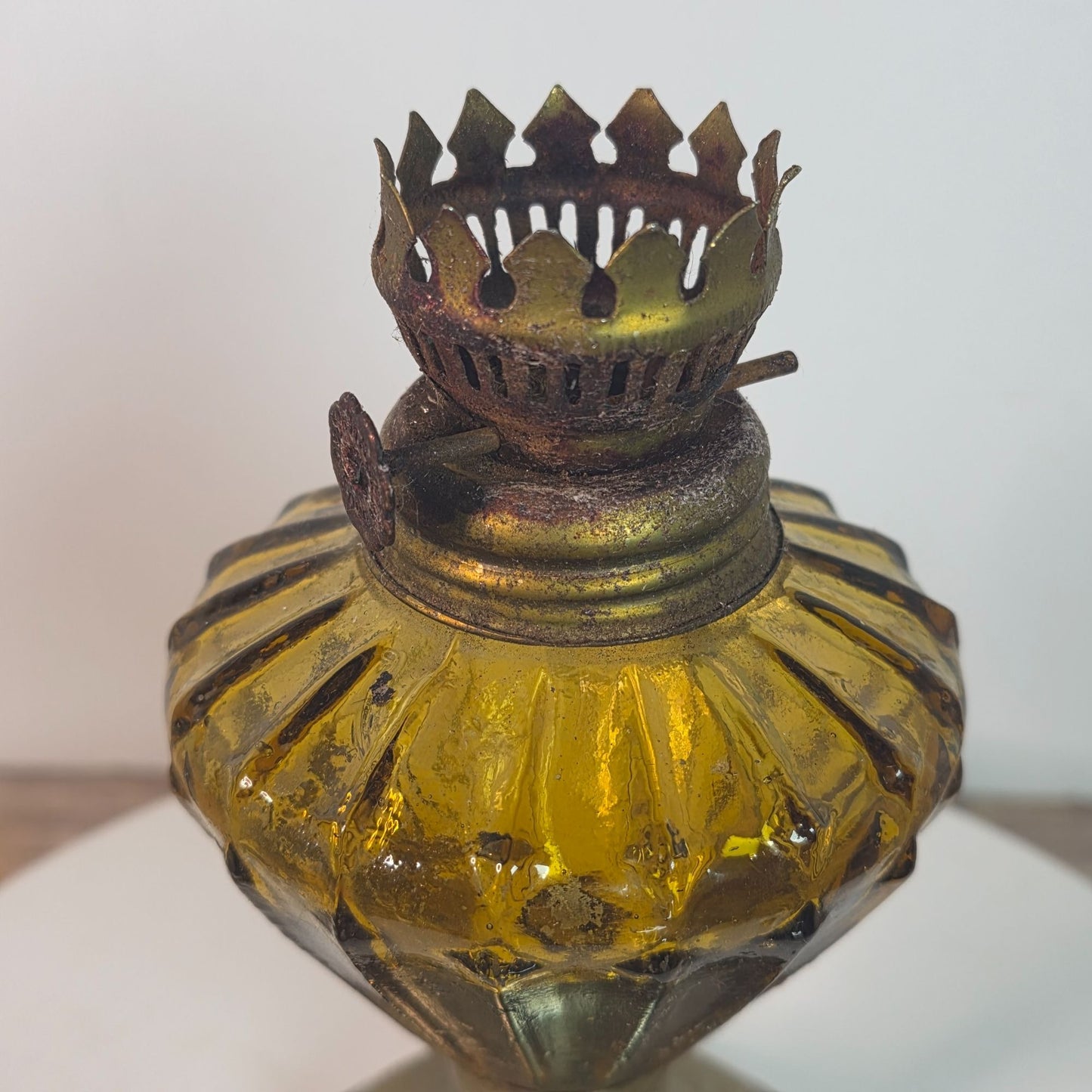 Vintage Amber Glass Oil Lamp With Ribbed Design & Metal Crown