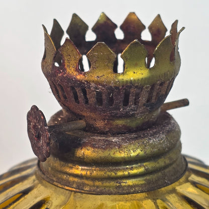 Vintage Amber Glass Oil Lamp With Ribbed Design & Metal Crown