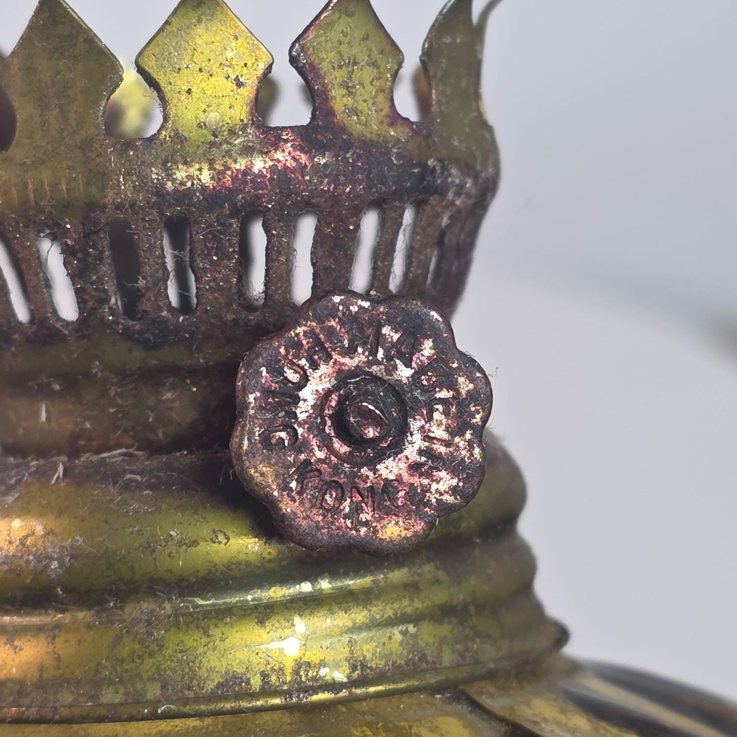 Vintage Amber Glass Oil Lamp With Ribbed Design & Metal Crown