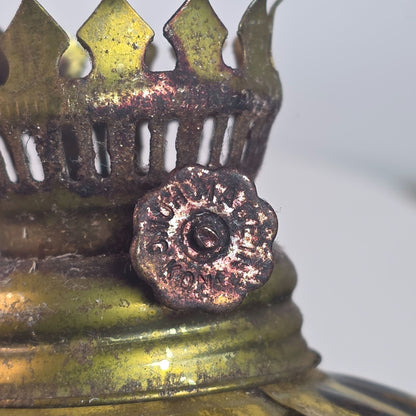 Vintage Amber Glass Oil Lamp With Ribbed Design & Metal Crown