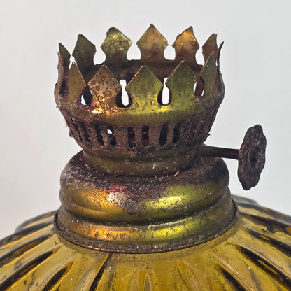 Vintage Amber Glass Oil Lamp With Ribbed Design & Metal Crown