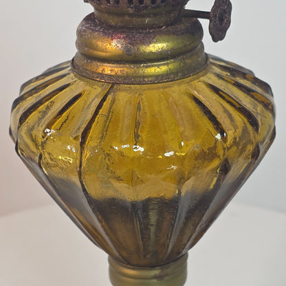 Vintage Amber Glass Oil Lamp With Ribbed Design & Metal Crown