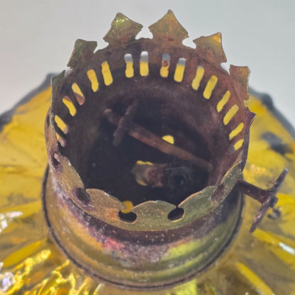 Vintage Amber Glass Oil Lamp With Ribbed Design & Metal Crown