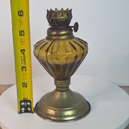 Vintage Amber Glass Oil Lamp With Ribbed Design & Metal Crown
