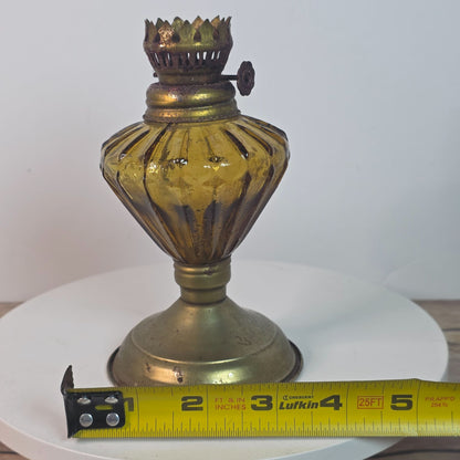 Vintage Amber Glass Oil Lamp With Ribbed Design & Metal Crown