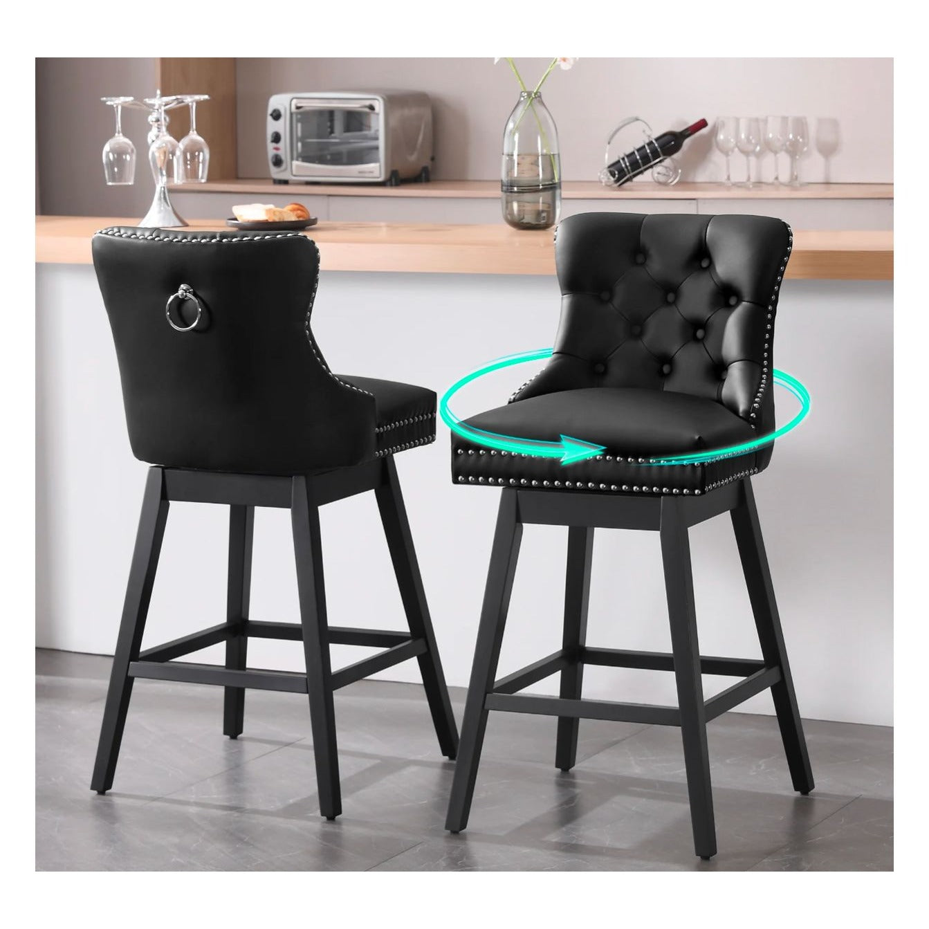 Tewloss 26" Swivel Bar Stools Set Of 2 Leather Counter Height Chairs With Nailhead Trim & Button-Tufted Backrest