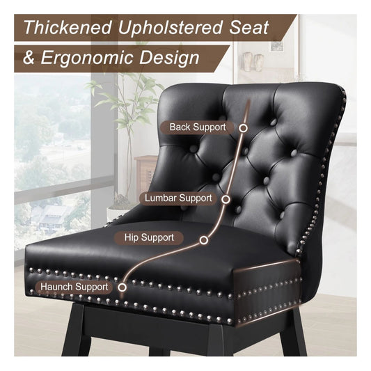 Tewloss 26" Swivel Bar Stools Set Of 2 Leather Counter Height Chairs With Nailhead Trim & Button-Tufted Backrest