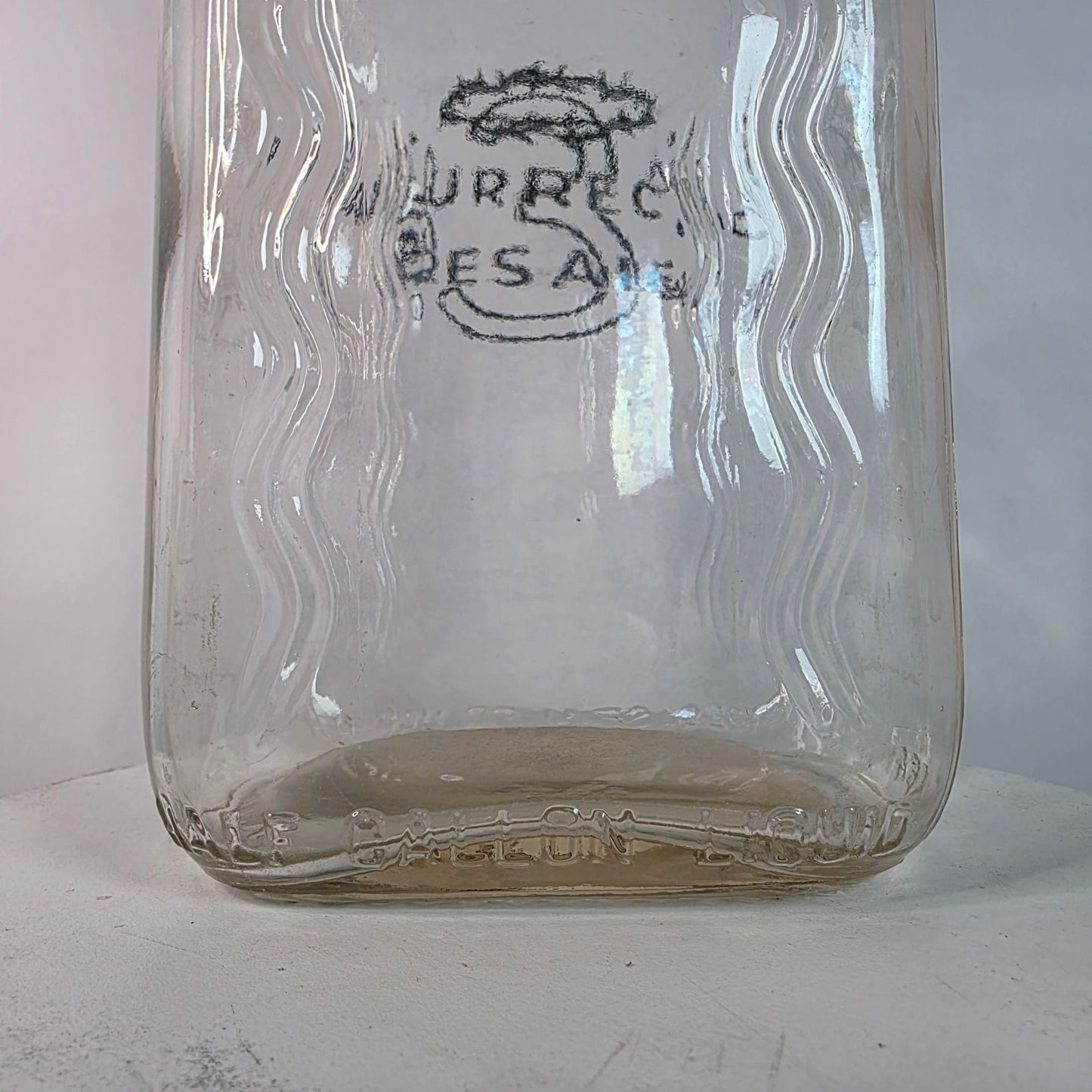 RARE VTG 1/2 Half Gallon Glass Milk Bottle WAVY RIPPLED Embossed Farmhouse Decor