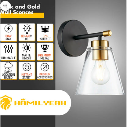 Hamilyeah Black & Gold Wall Sconce Set With Clear Glass Shades 60W Max E26 Socket 9.68" Height
