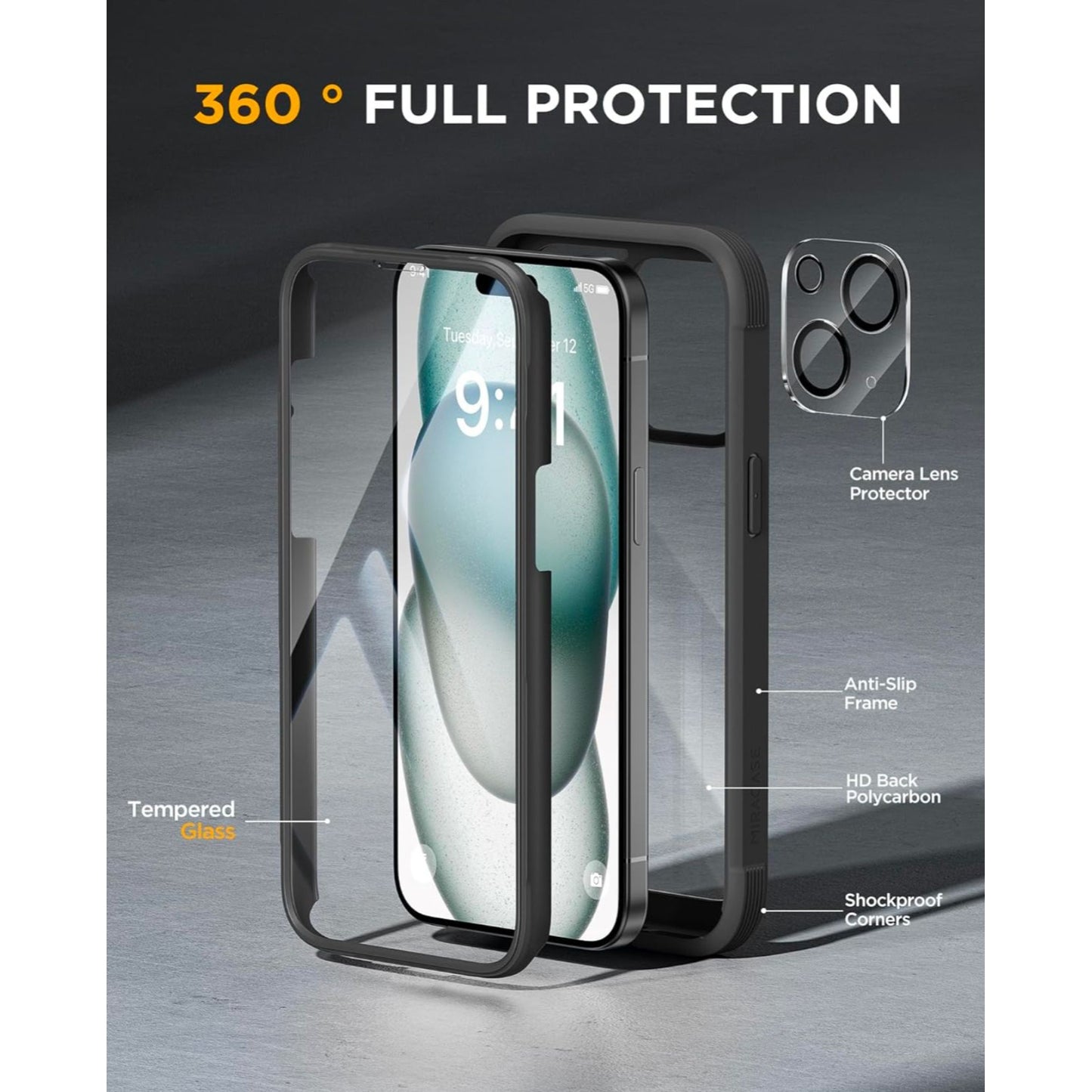 Miracase iPhone 16 Pro Case With Tempered Glass Screen Protector & Camera Lens Protector 360° Full Protection Military Drop Tested