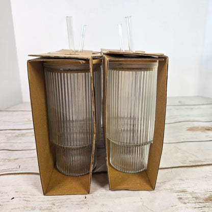 4 Ribbed Clear Glass Tumblers With Bamboo Lids & Reusable Straws 11 Oz Target Bullseye Playground 2024