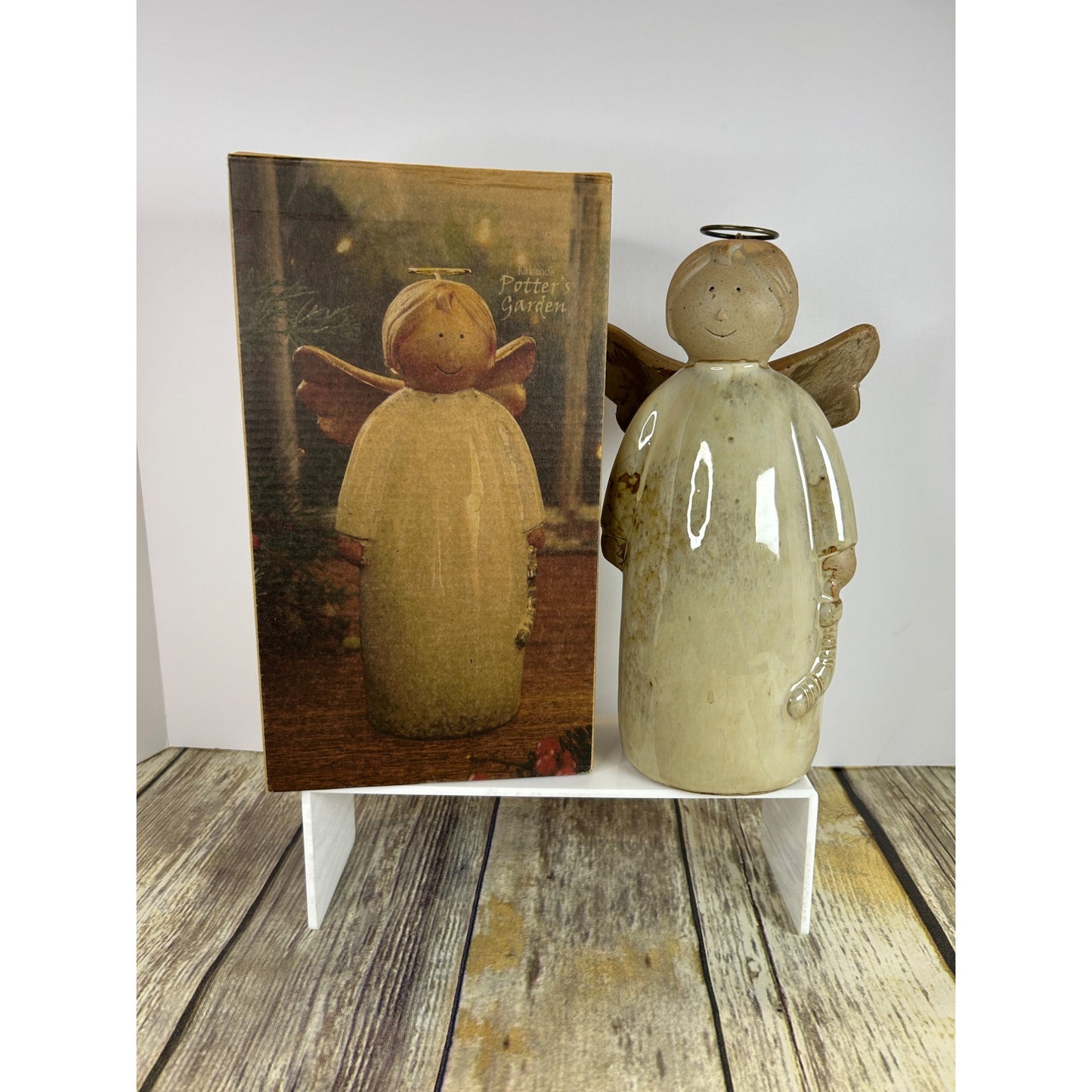 Rustic Earthenware Angel Figurine 10" Handcrafted Primitive Stoneware With Halo & Wings