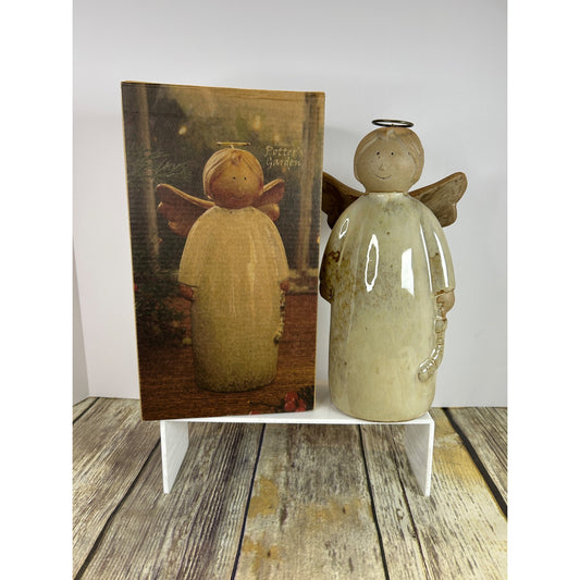 Rustic Earthenware Angel Figurine 10" Handcrafted Primitive Stoneware With Halo & Wings