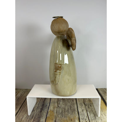 Rustic Earthenware Angel Figurine 10" Handcrafted Primitive Stoneware With Halo & Wings