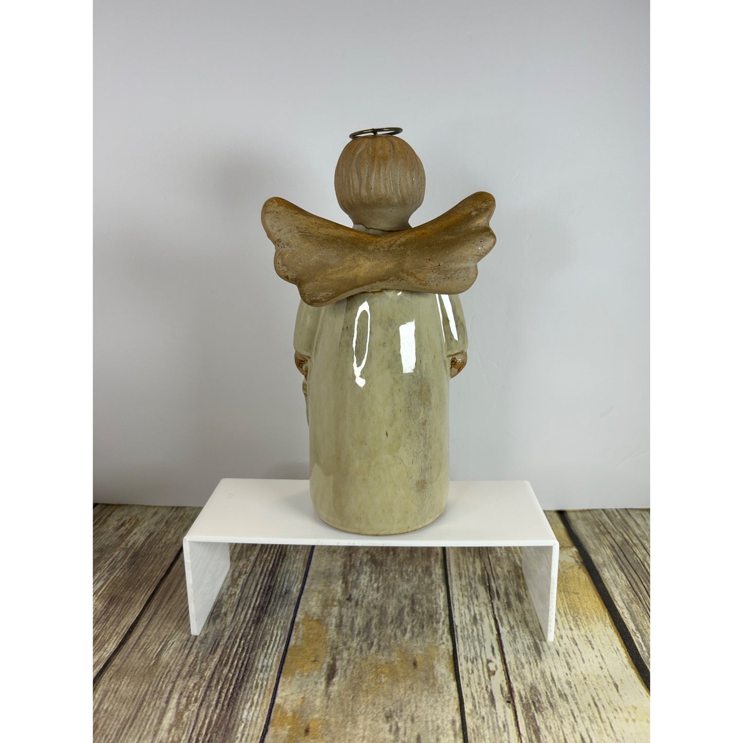 Rustic Earthenware Angel Figurine 10" Handcrafted Primitive Stoneware With Halo & Wings