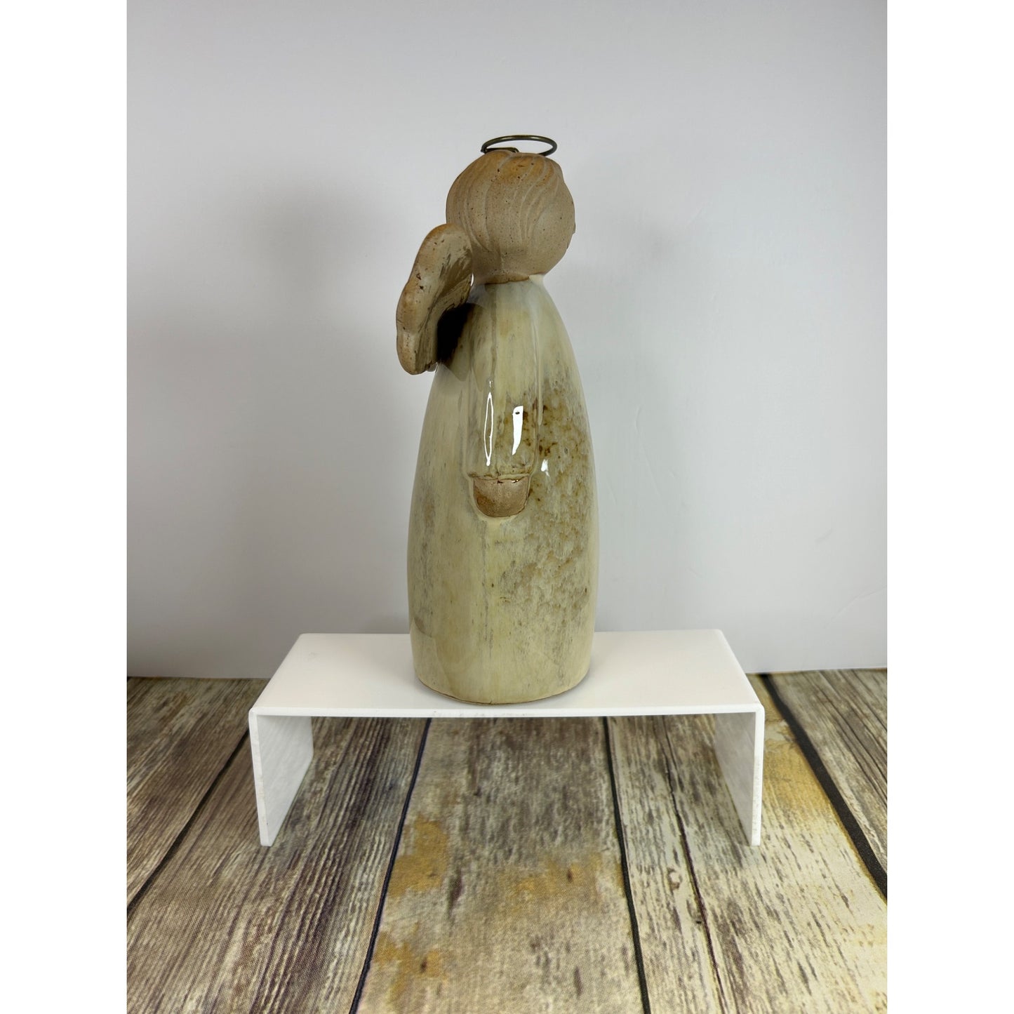 Rustic Earthenware Angel Figurine 10" Handcrafted Primitive Stoneware With Halo & Wings