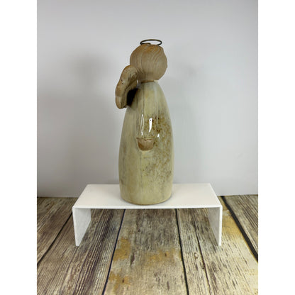 Rustic Earthenware Angel Figurine 10" Handcrafted Primitive Stoneware With Halo & Wings