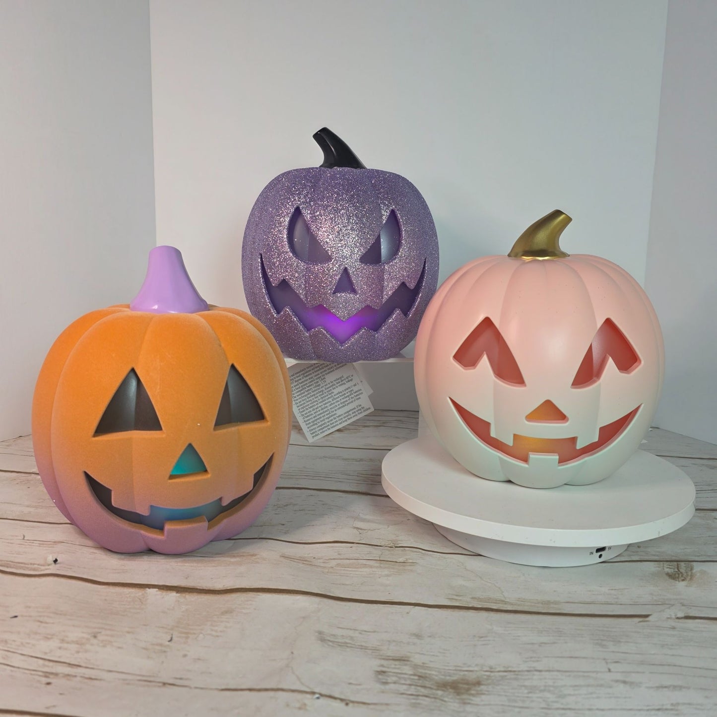 Light-Up Halloween Pumpkin Trio With Glitter & Ombre Design  Purple Orange & White  Indoor Decoration