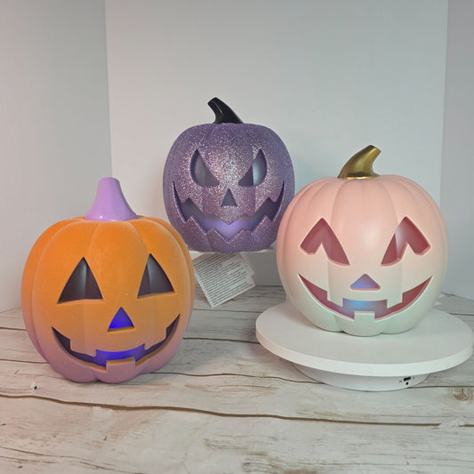 Light-Up Halloween Pumpkin Trio With Glitter & Ombre Design  Purple Orange & White  Indoor Decoration