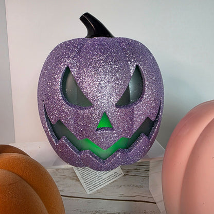 Light-Up Halloween Pumpkin Trio With Glitter & Ombre Design  Purple Orange & White  Indoor Decoration