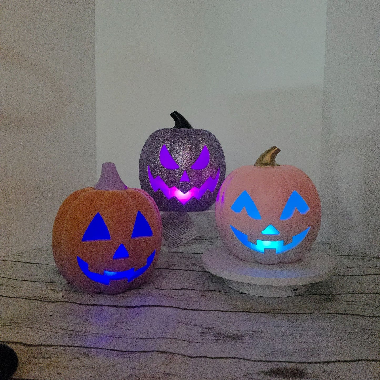 Light-Up Halloween Pumpkin Trio With Glitter & Ombre Design  Purple Orange & White  Indoor Decoration