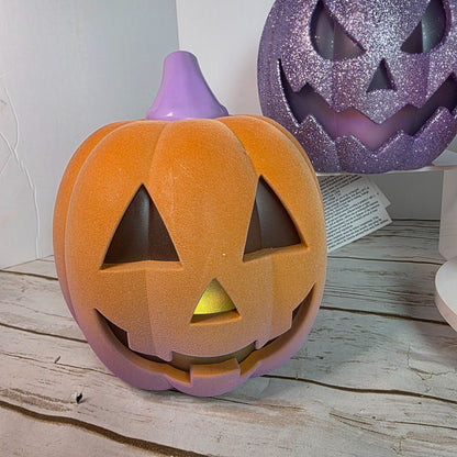 Light-Up Halloween Pumpkin Trio With Glitter & Ombre Design  Purple Orange & White  Indoor Decoration