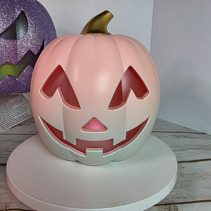 Light-Up Halloween Pumpkin Trio With Glitter & Ombre Design  Purple Orange & White  Indoor Decoration