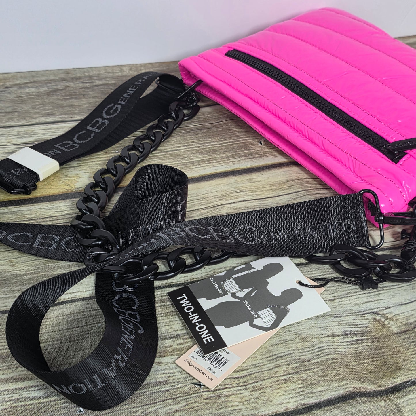 NWT New BCBG Generation Hot Pink Puffy Vinyl GN22374 2-in-1 Convertible Bag