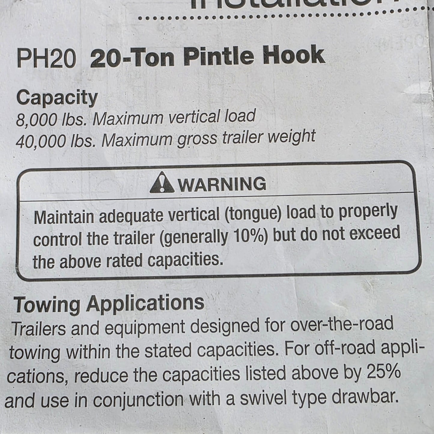 20-Ton Pintle Hook Capacity Hitch Receiever Hook Black