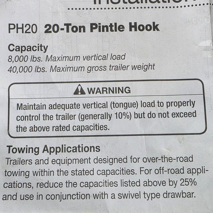 20-Ton Pintle Hook Capacity Hitch Receiever Hook Black