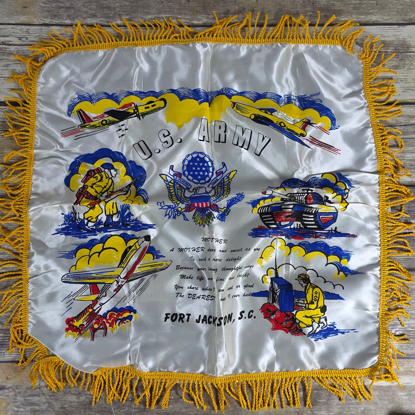 Vintage U.S. Army Mother's Pillow Sham w/ Fringe Fort Jackson S.C.