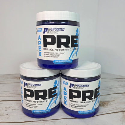 3 Bottles New PERFORMANCE INSPIRED Nutrition APEX Pre Workout Powder Blue Raspberry Increase Energy & Endurance Caffeine Beta Alanine All Natural Vegan Formula