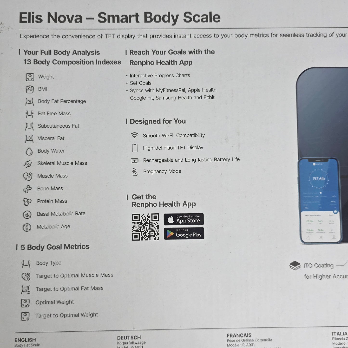 RENPHO ELIS NOVA Smart Body Scale Weight BMI Health Tracking