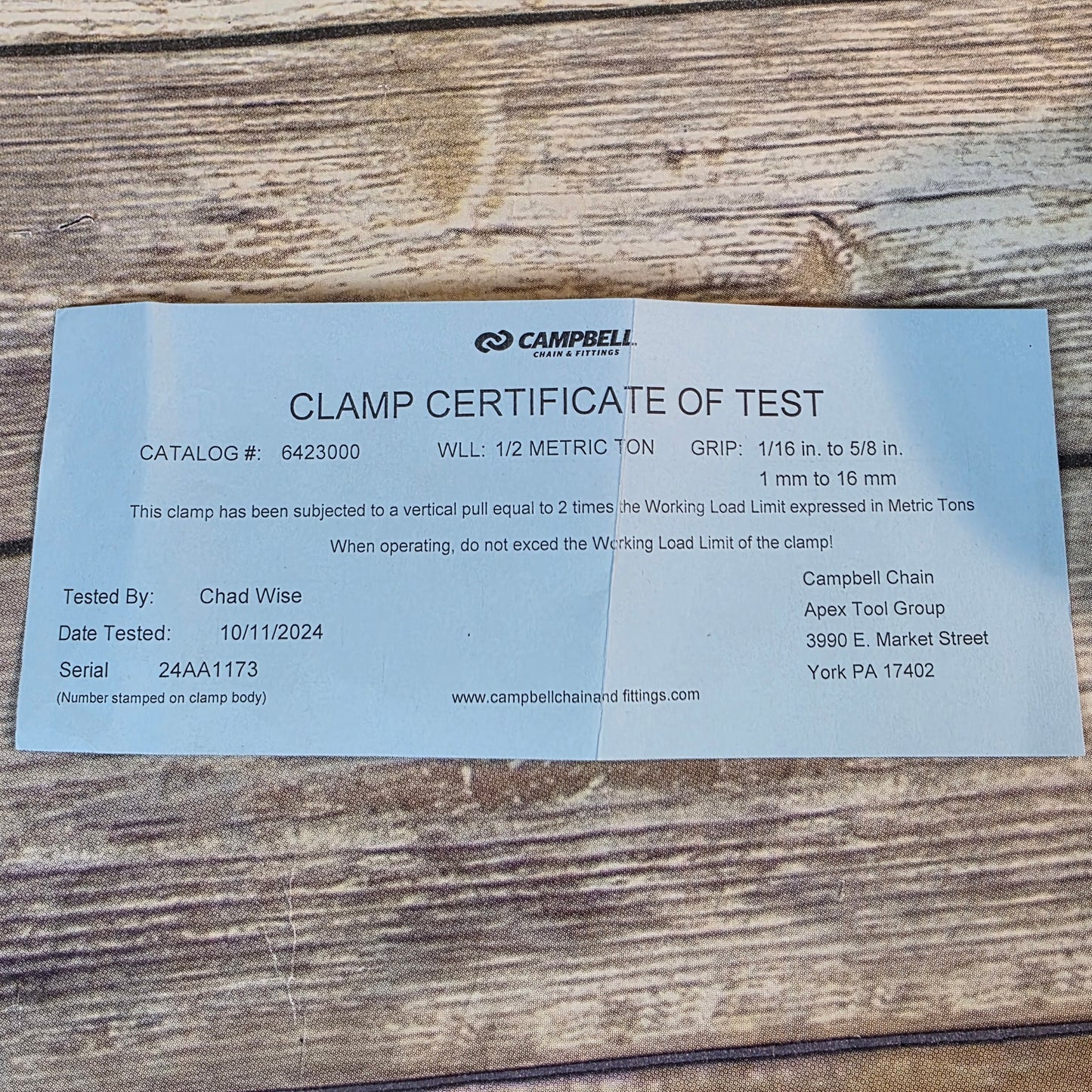 New CAMPBELL Lifting Clamp 1/2 Ton 1/16-5/8 1-16mm