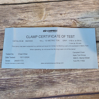 New CAMPBELL Lifting Clamp 1/2 Ton 1/16-5/8 1-16mm