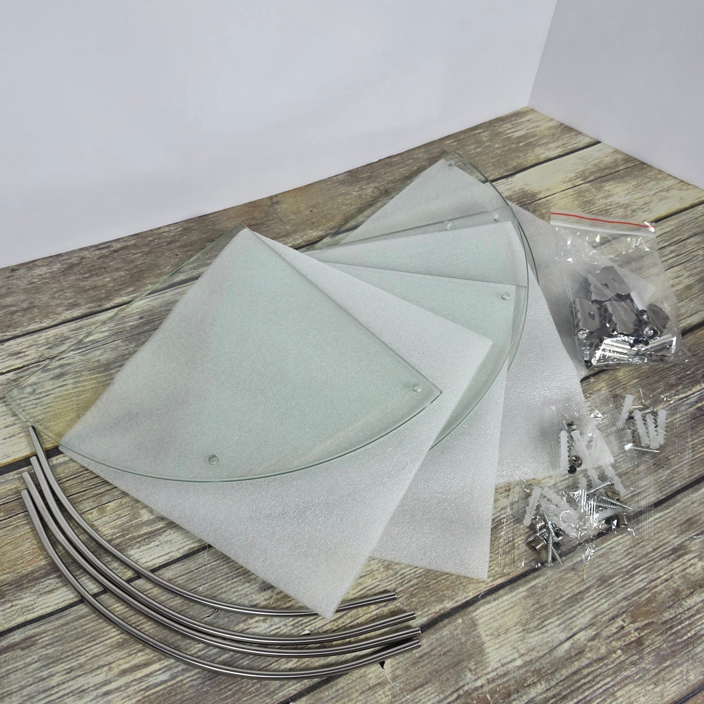 4 Tier Glass Corner Shower Shelves- NO INSTRUCTIONS- OPEN BOX