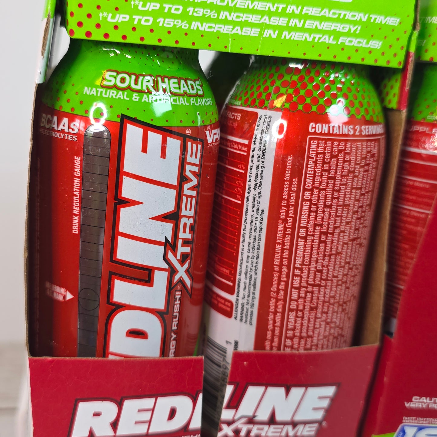 New REDLINE Xtreme Ultimate Energy Rush Dietary Supplement Sour Heads 16, 8oz  bottles (4,4 packs) - RARE FLAVOR!!  DISCONTINUED!!
