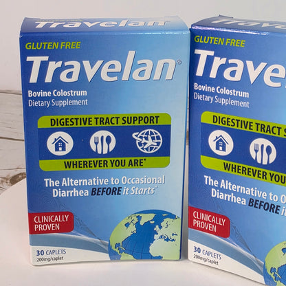 Set of 2 NIB New Travelan Bovine Colostrum Dietary Supplements 200mg/Caplet 30 Caplets/Box