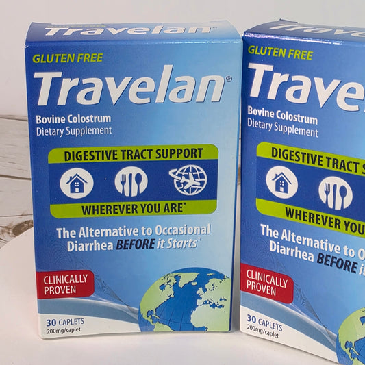 Set of 2 NIB New Travelan Bovine Colostrum Dietary Supplements 200mg/Caplet 30 Caplets/Box