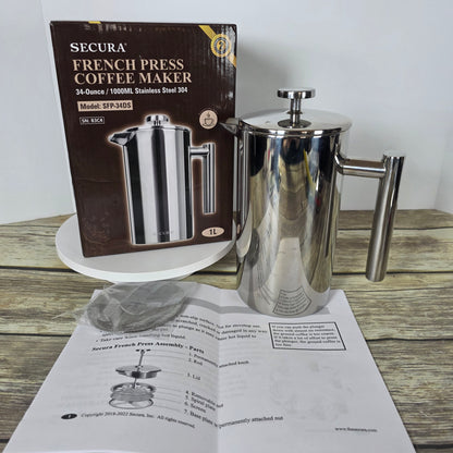 NIOB Secura French Press Coffee Maker SFP-34DS 34-Ounce 1000ML Stainless Steel 304