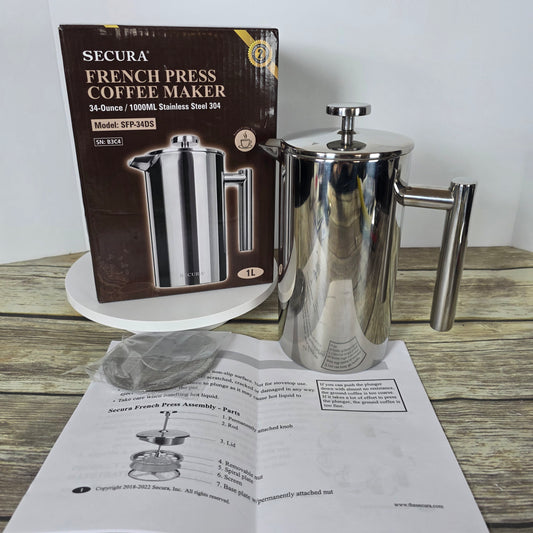 NIOB Secura French Press Coffee Maker SFP-34DS 34-Ounce 1000ML Stainless Steel 304