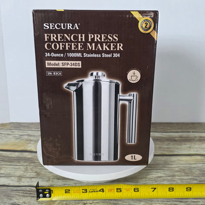 NIOB Secura French Press Coffee Maker SFP-34DS 34-Ounce 1000ML Stainless Steel 304