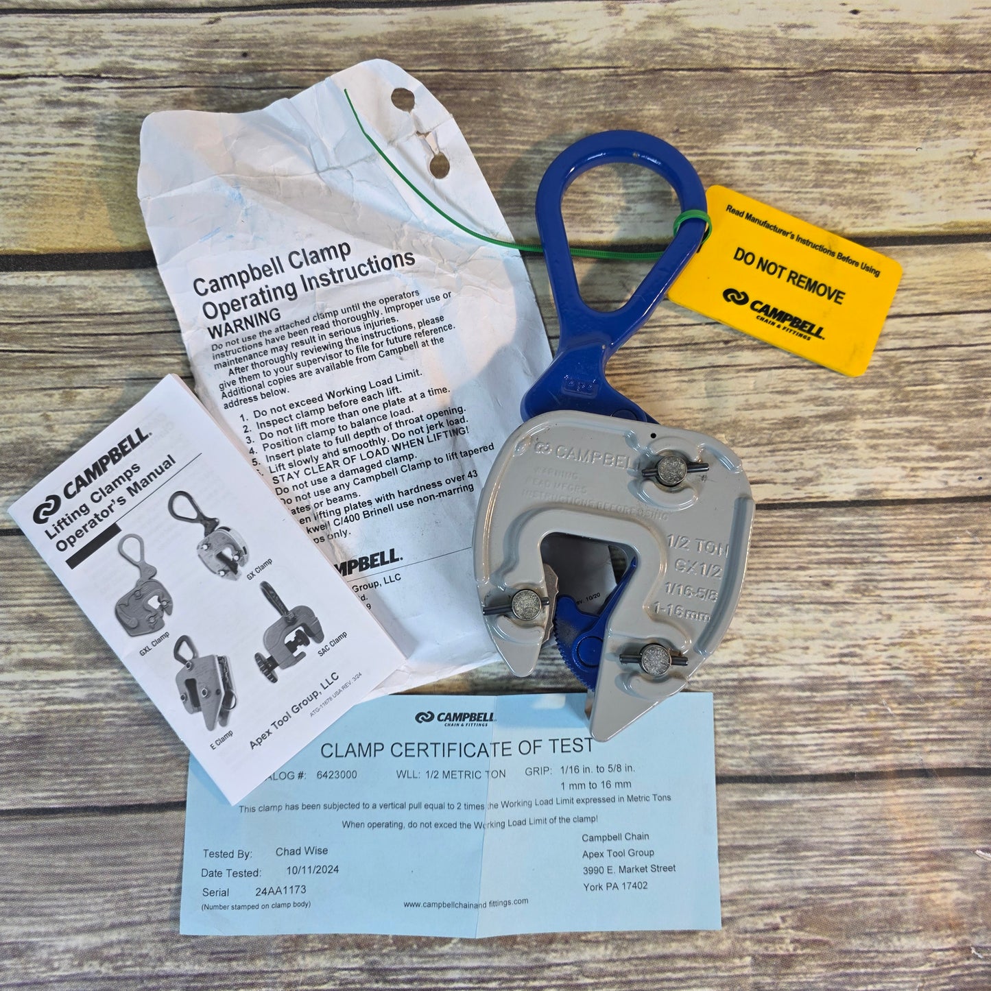 New CAMPBELL Lifting Clamp 1/2 Ton 1/16-5/8 1-16mm