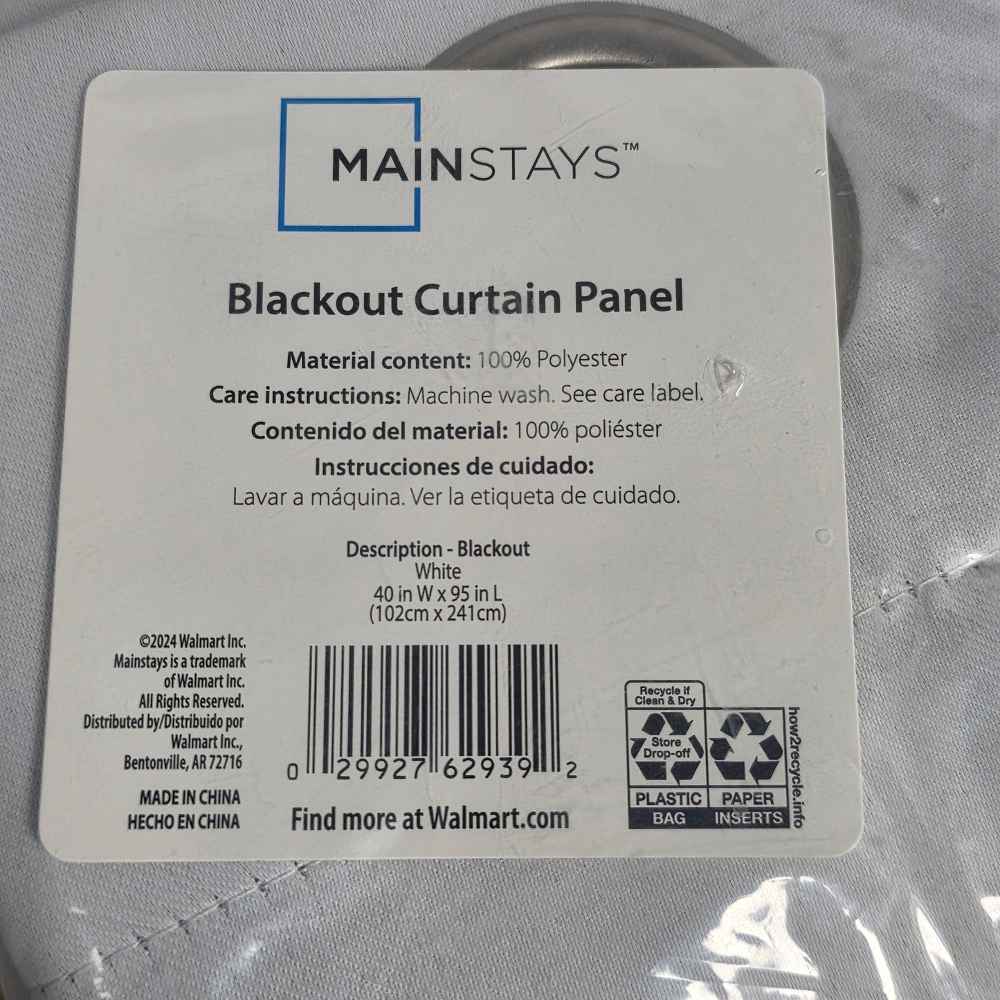 NWT New Mainstays Blackout Curtain Panel White 40x95"L
