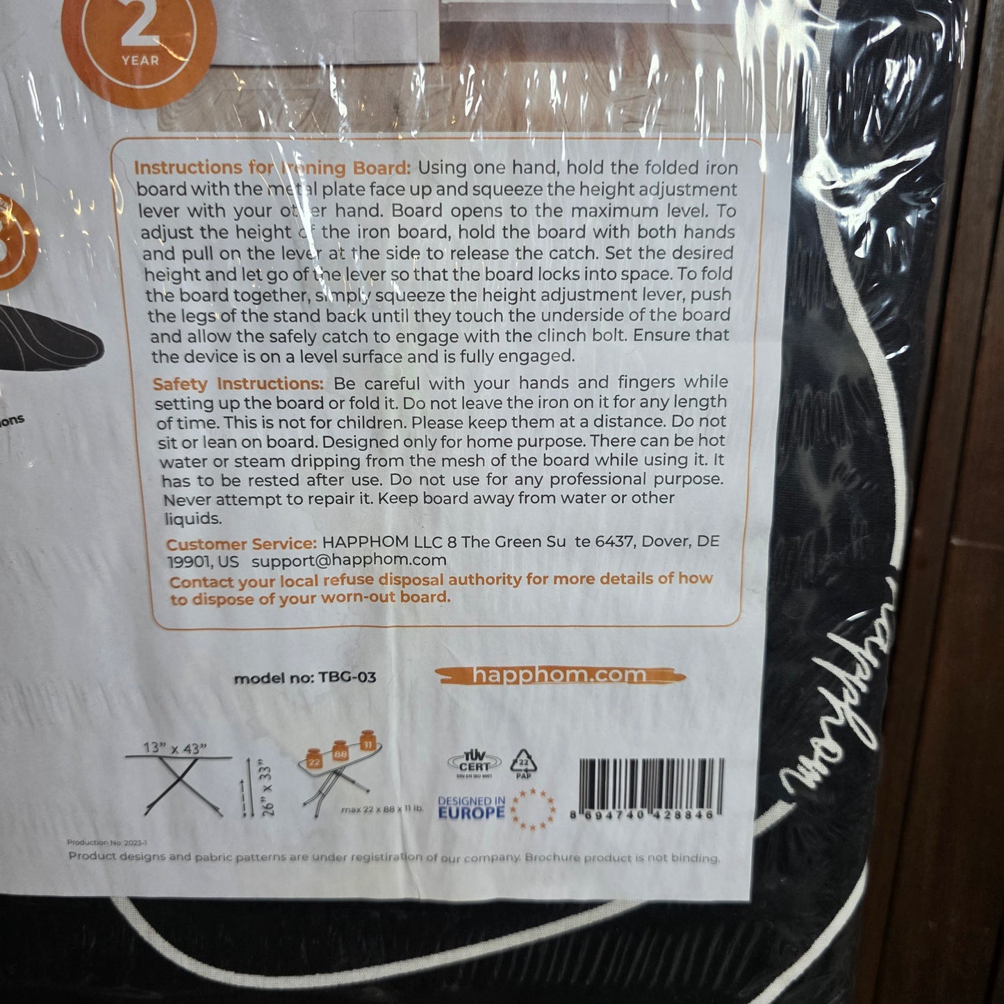 New HAPPHOM Compact Ironing Board 13" x 43" Black TBG-03