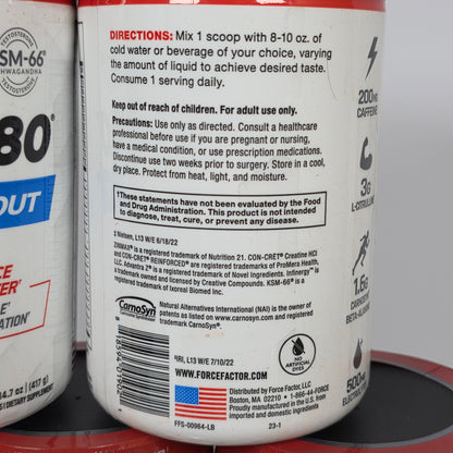 Lot of 8 New Containers FORCE FACTOR TESTX180 Pre-Workout Fruit Punch Flavor Net Wt 14.7 oz 30 Servings