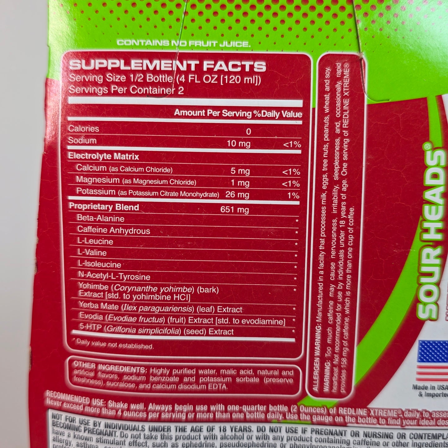 New REDLINE Xtreme Ultimate Energy Rush Dietary Supplement Sour Heads 16, 8oz  bottles (4,4 packs) - RARE FLAVOR!!  DISCONTINUED!!