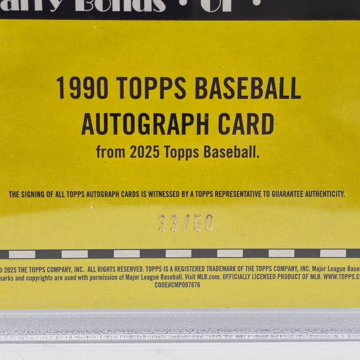 Barry Bonds 2025 Topps Series 1 #90A-BBO 1990 ON CARD Auto Gold SP 33/50