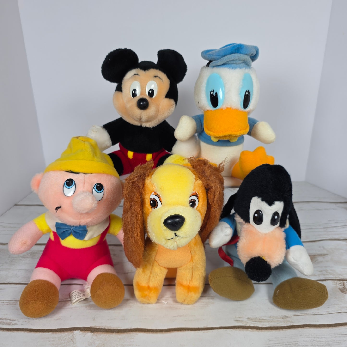 Vintage Walt Disney Plush Characters Mickey Mouse Donald Duck Goofy Pinocchio