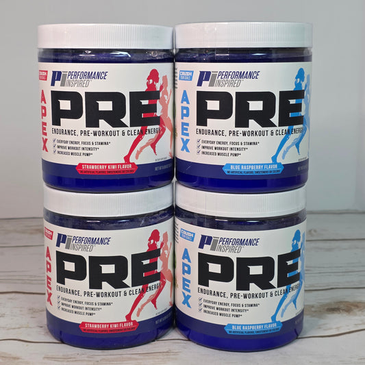4 Bottles New PERFORMANCE INSPIRED Nutrition APEX Pre Workout Powder Blue Raspberry/Strawberry Kiwi Increase Energy & Endurance Caffeine Beta Alanine All Natural Vegan Formula